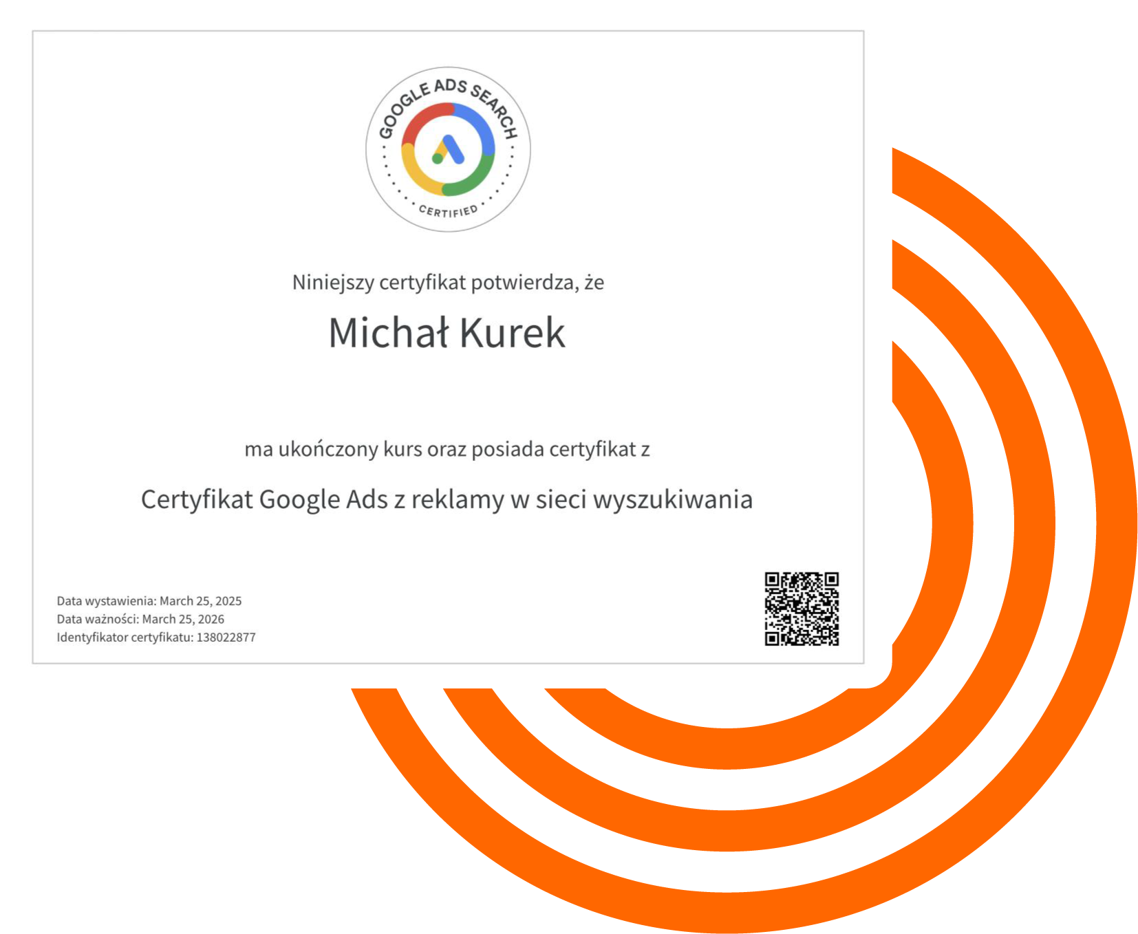 Michał Kurek 11 Certyfikat Google Ads dla Michała Kurka